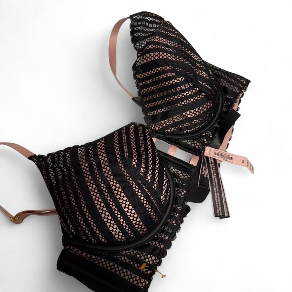 Victoria's Secret NEW Very Sexy Black striped plunge bra with Pink Satin | 34D - Picture 3 of 7